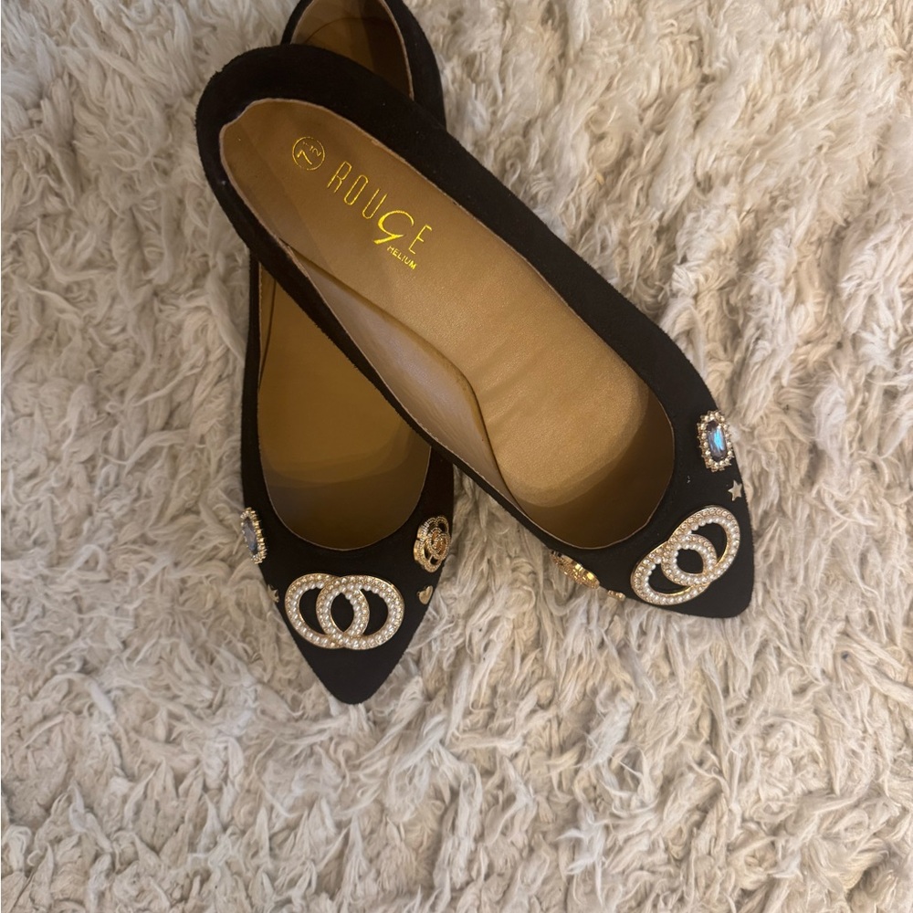 Rouge Black Flats with Pearl & Gold Embellishments - Picture 10 of 16